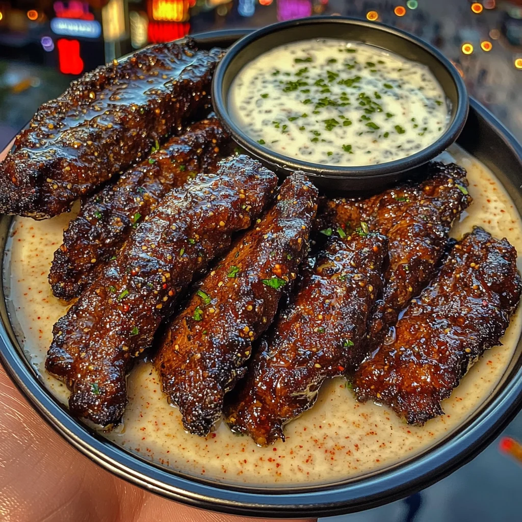 Honey Chili Beef Strips with Herb Yogurt Dip