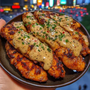 Honey Garlic Chicken Strips with Cool Peppercorn Sauce