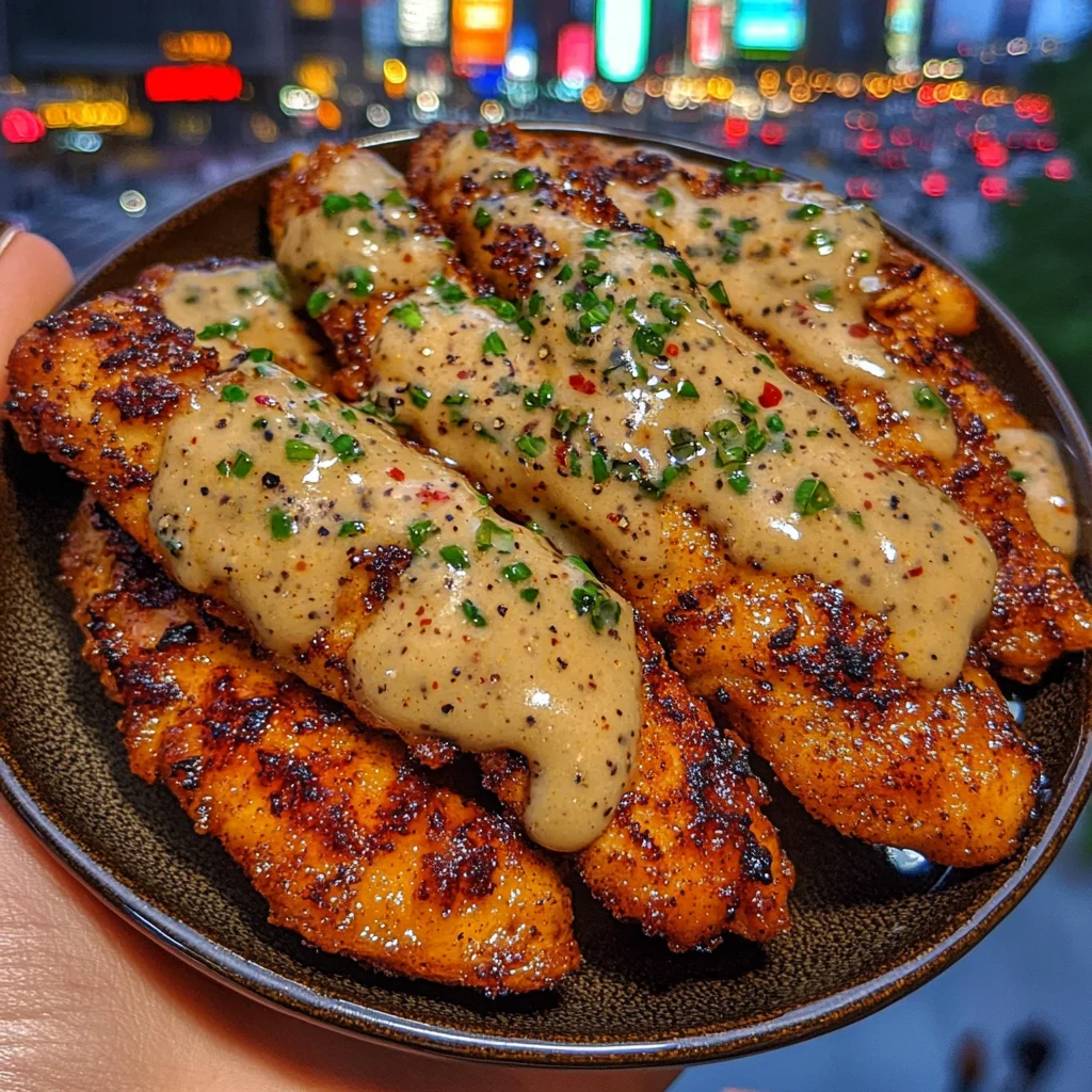 Honey Garlic Chicken Strips with Cool Peppercorn Sauce