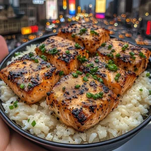 Honey Garlic Salmon Bites with Coconut Rice