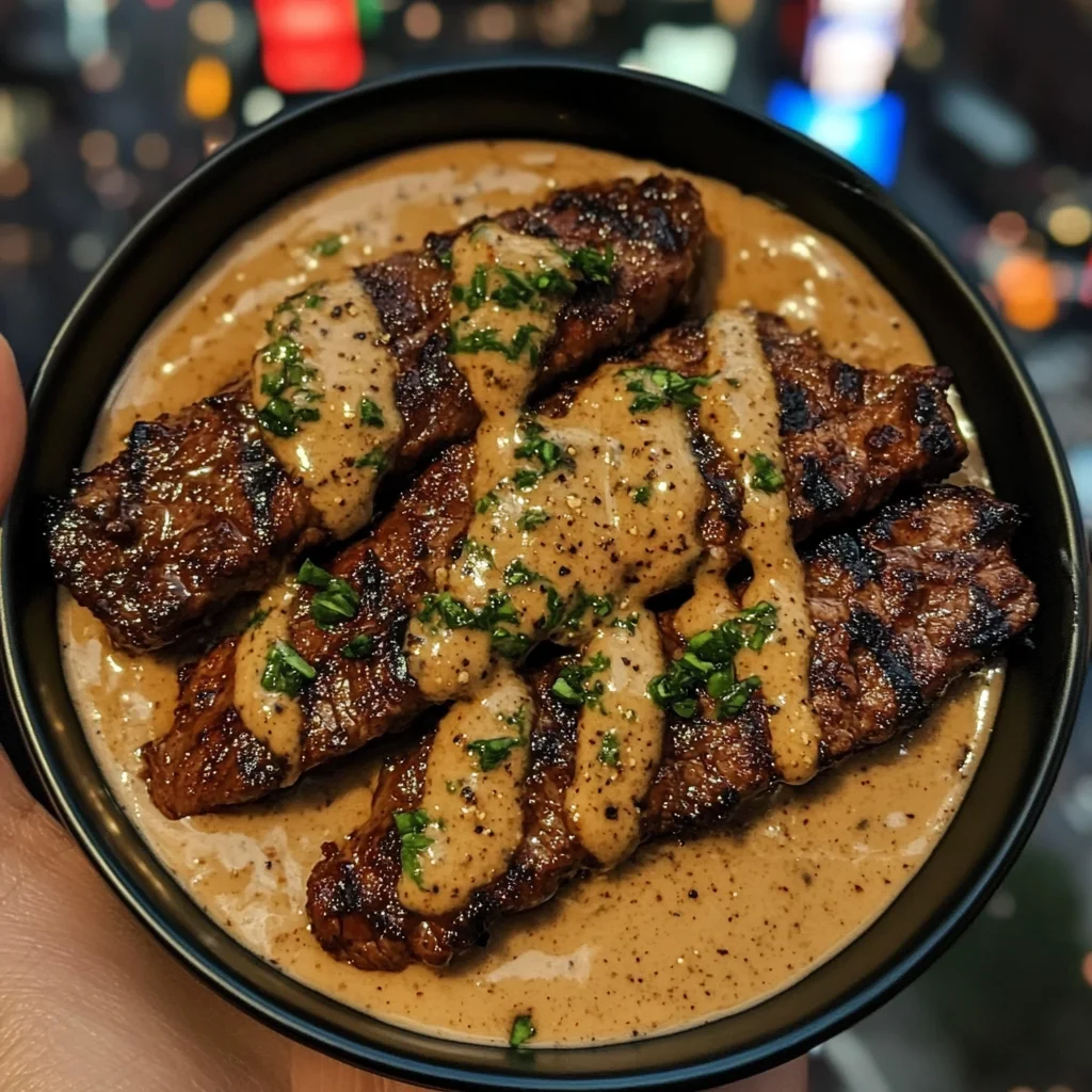 Honey Garlic Steak Strips with Peppercorn Cream