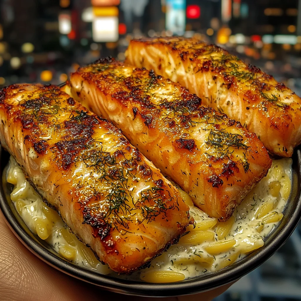 Honey Lemon Salmon Strips and Orzo with Dill Yogurt Dip