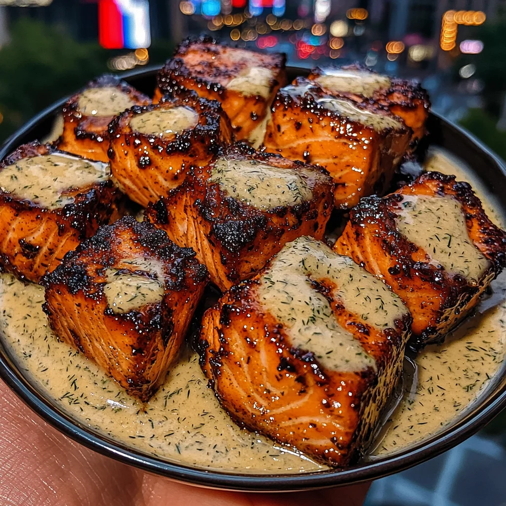 Honey Mustard Salmon Cubes with Creamy Dill Sauce