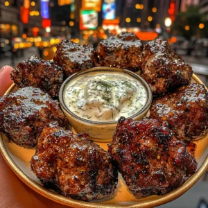 Honey Pepper Beef Bites with Dill Yogurt Dip
