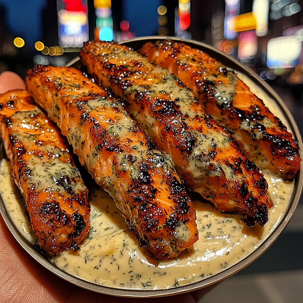 Lemon Garlic Salmon Strips with Dill Cream