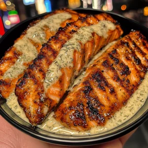 Lemon Garlic Salmon Strips with Dill Cream