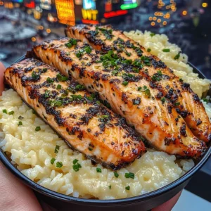 Lemon Herb Salmon Strips with Steamed Rice