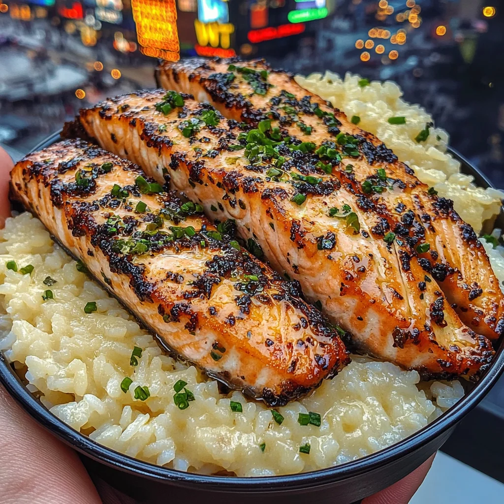 Lemon Herb Salmon Strips with Steamed Rice
