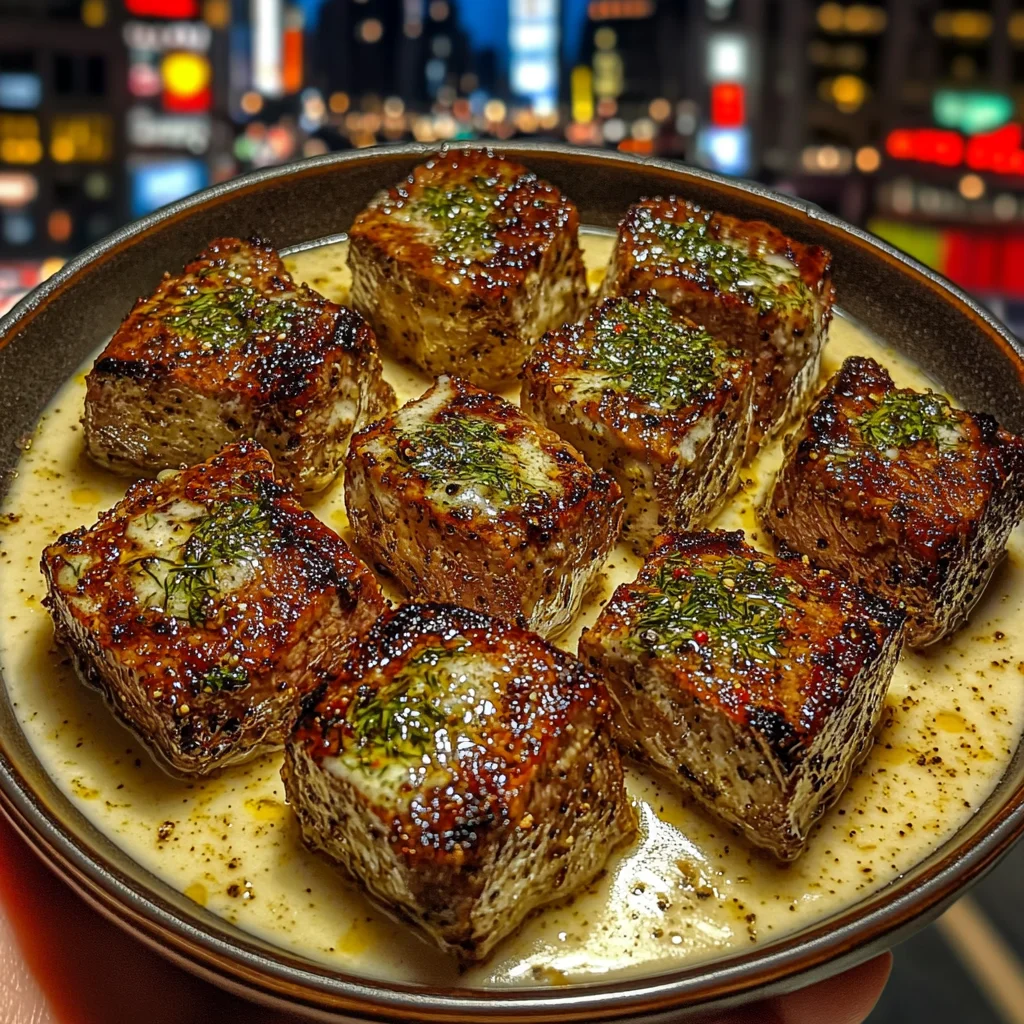 Lemon Pepper Steak Cubes with Creamy Dill Sauce