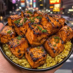 Spiced Salmon Cubes with Turmeric Rice