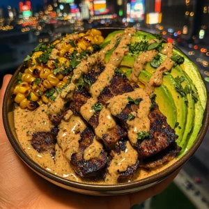 Steak, Avocado, and Roasted Corn Bowl with Cilantro Cream Sauce