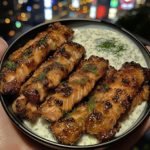 Sweet Honey Salmon Strips with Dill Yogurt Dip