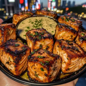 Teriyaki Salmon Cubes with Ginger Herb Dip