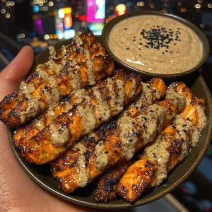 Teriyaki Salmon Strips with Sesame Cream Dip