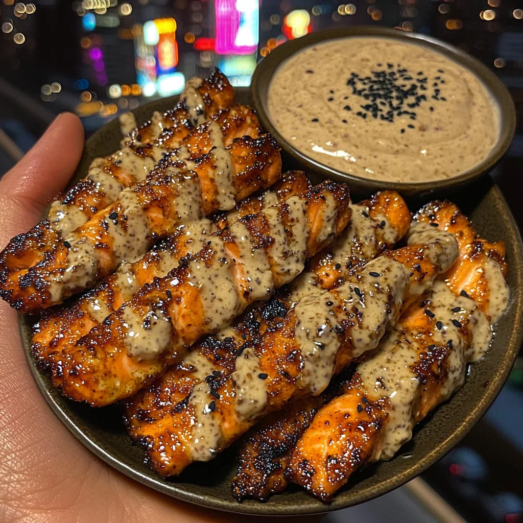 Teriyaki Salmon Strips with Sesame Cream Dip
