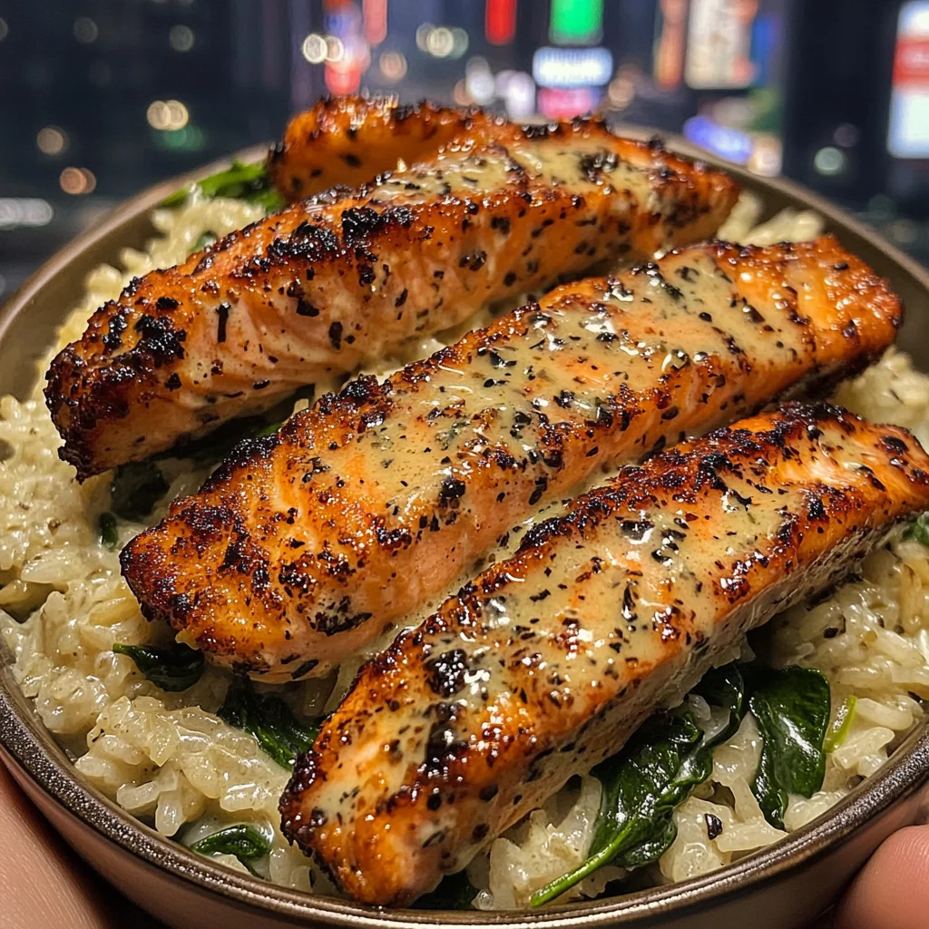 Buttered Salmon Strips with Spinach Rice Pilaf