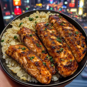 Cajun Spiced Salmon Strips with Garlic Rice
