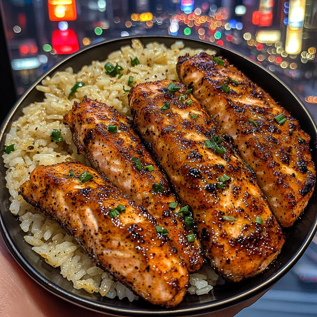 Cajun Spiced Salmon Strips with Garlic Rice