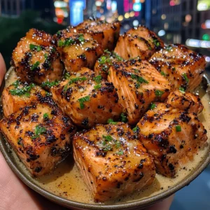 Chili Honey Salmon Cubes with Garlic Drizzle