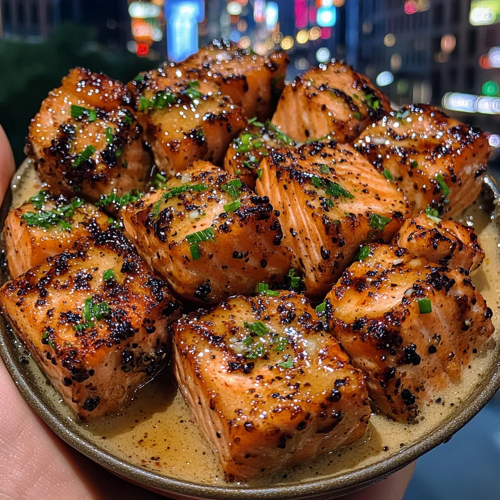 Chili Honey Salmon Cubes with Garlic Drizzle