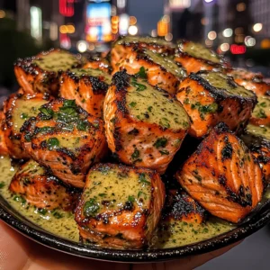 Chili Lime Salmon Cubes with Cilantro Sauce