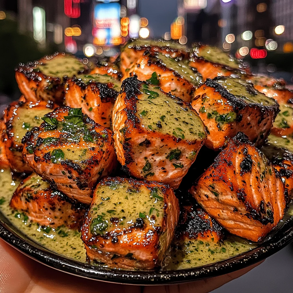 Chili Lime Salmon Cubes with Cilantro Sauce