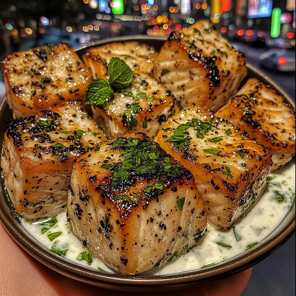 Citrus Herb Fish Cubes with Yogurt Mint Sauce