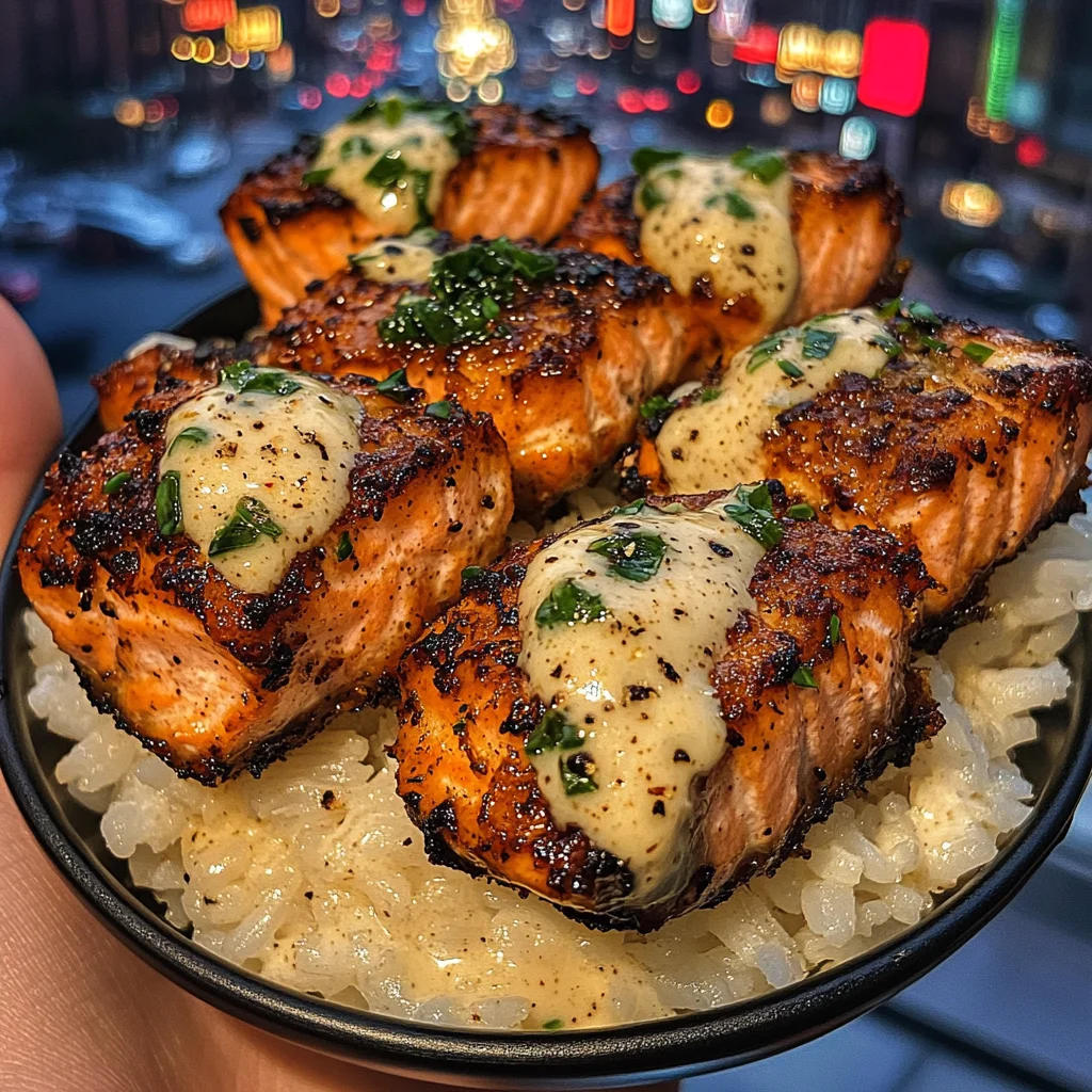 Crispy Garlic Salmon Bites with Coconut Rice