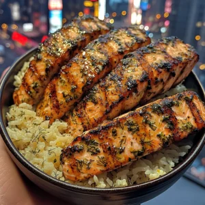 Dill Butter Salmon Strips with Lemon Rice Pilaf