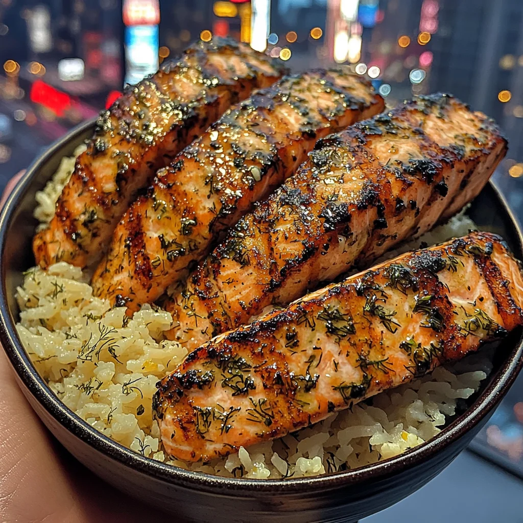 Dill Butter Salmon Strips with Lemon Rice Pilaf