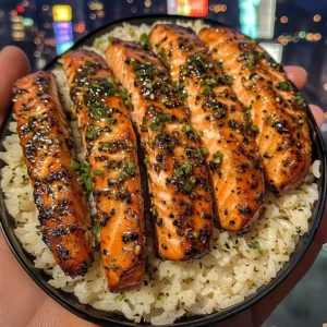 Garlic Lemon Salmon Strips with Herbed Rice
