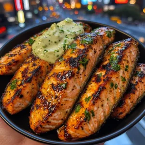Garlic Lime Salmon Strips with Cilantro Cream