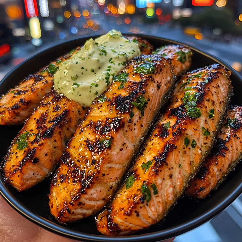 Garlic Lime Salmon Strips with Cilantro Cream