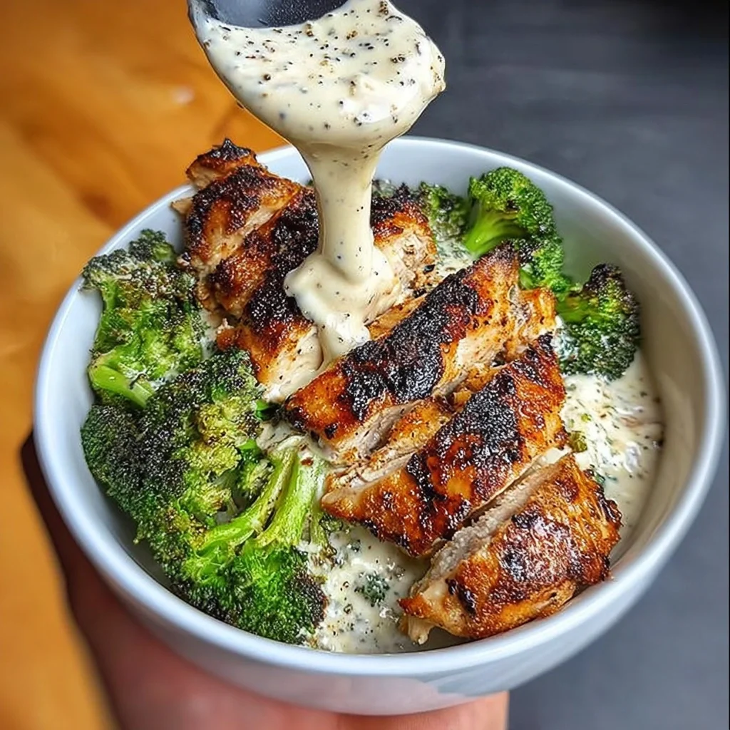 Grilled Chicken & Broccoli Bowls with Creamy Garlic Sauce