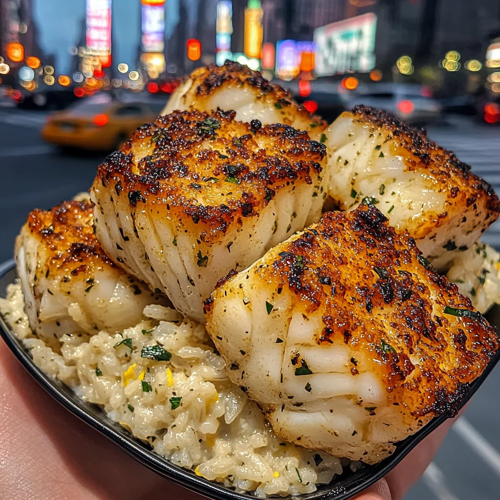 Herb Crusted Cod Cubes with Lemon Rice
