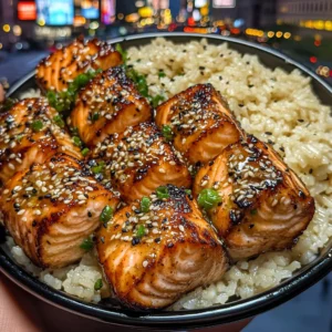 Honey Garlic Salmon Bites with Sesame Rice