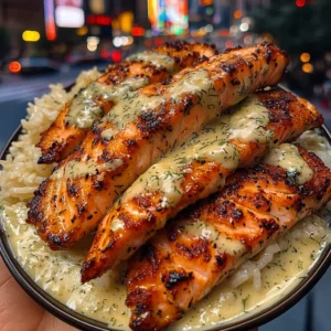 Lemon Butter Salmon Strips with Dill Rice