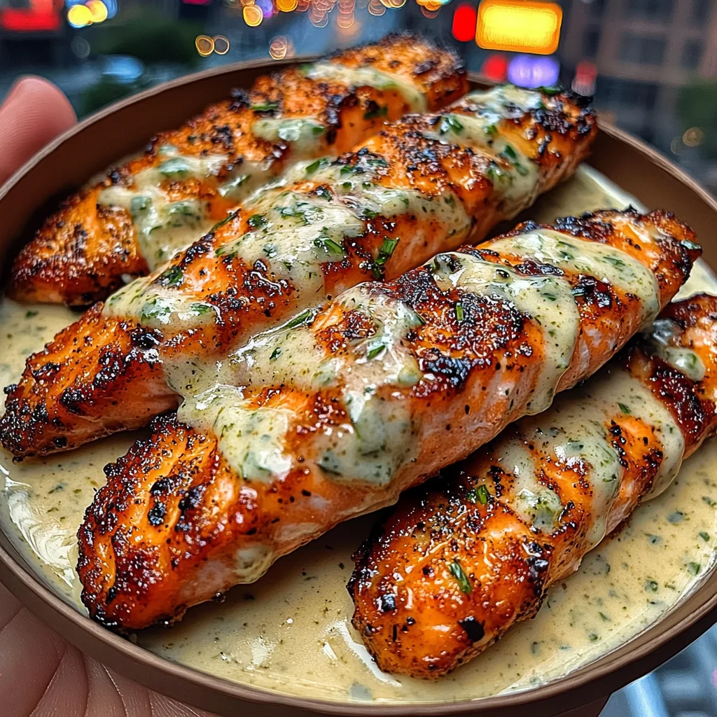 Lemon Garlic Salmon Strips with Creamy Herb Sauce