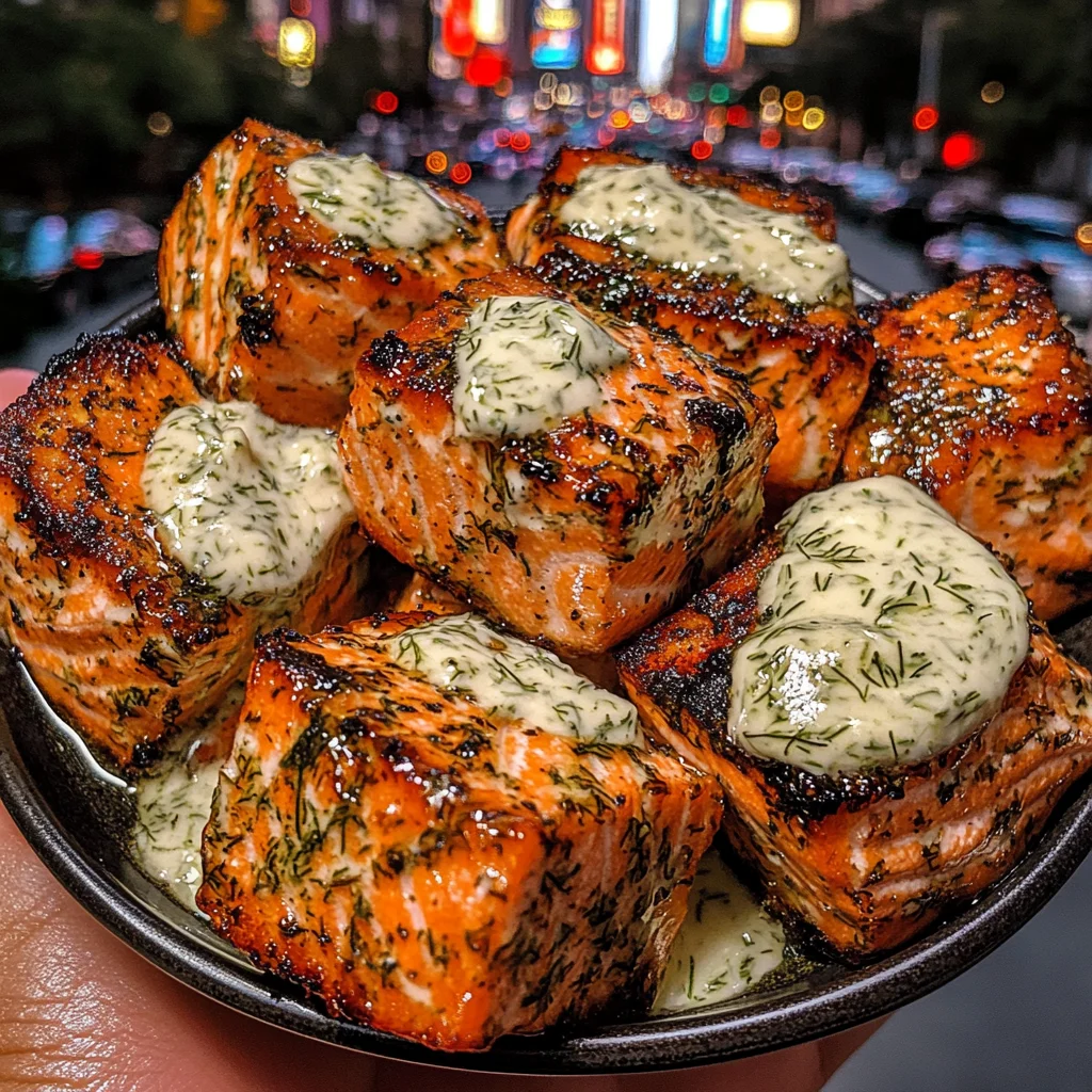 Lemon Herb Salmon Cubes with Dill Cream