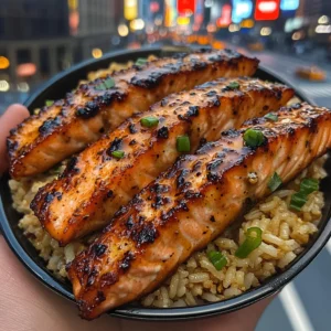 Maple Soy Salmon Strips with Fried Rice
