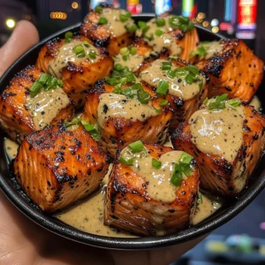 Miso Butter Salmon Cubes with Scallion Drizzle