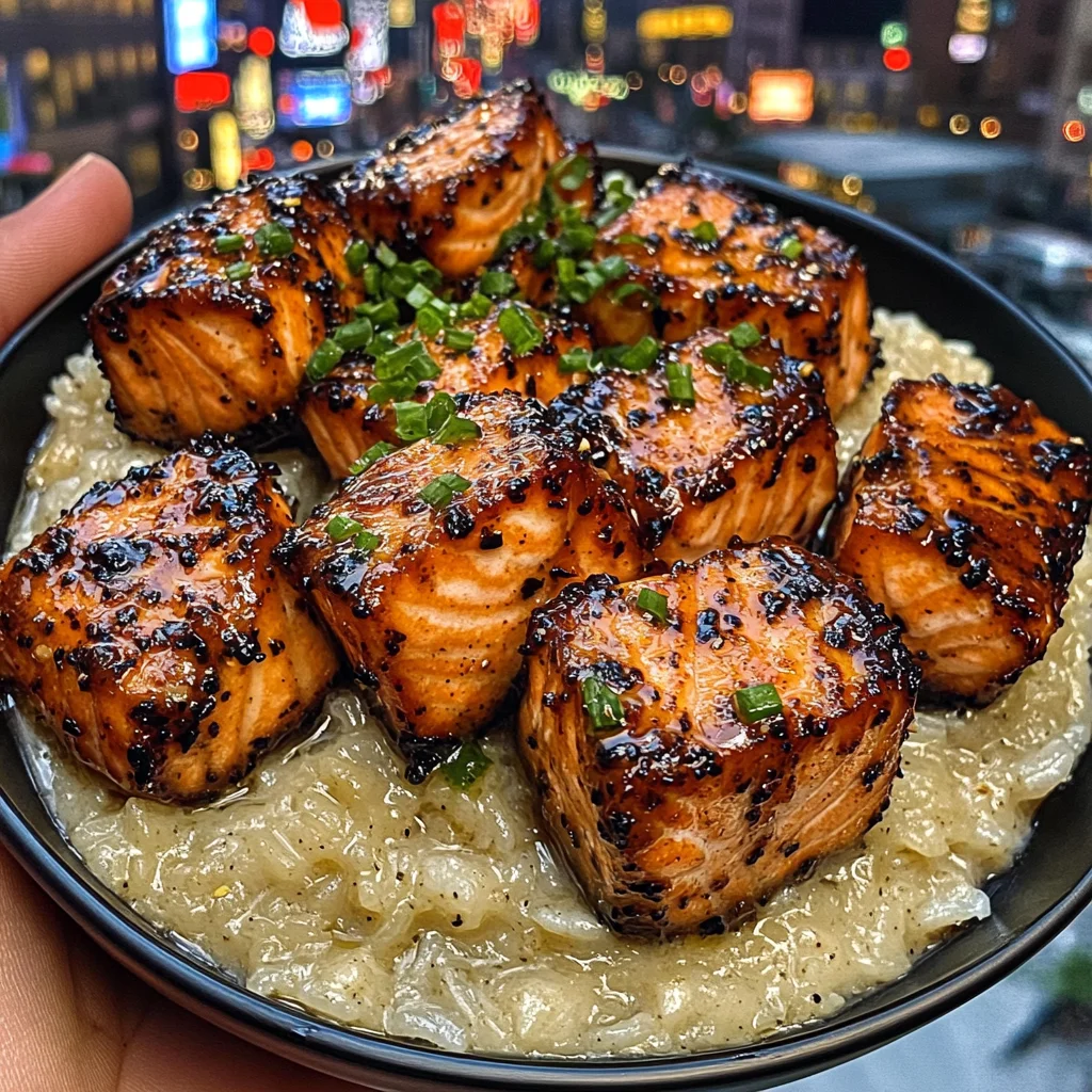Soy Ginger Salmon Cubes with Sticky Rice