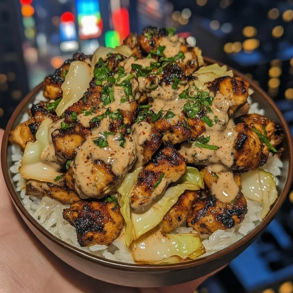 Spicy Chicken , Cabbage and Rice Bowls with Chili Garlic Sauce